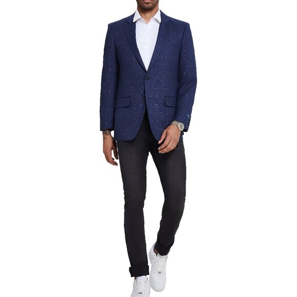 Blue Windowpane Notch Lapel Men's Jacket - Picture 4 of 6